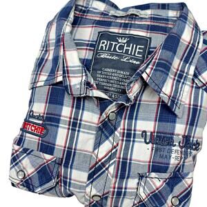 RARE Ritchie Denim Plaid SS Button Down Pearl Snap Shirt Union British Rock